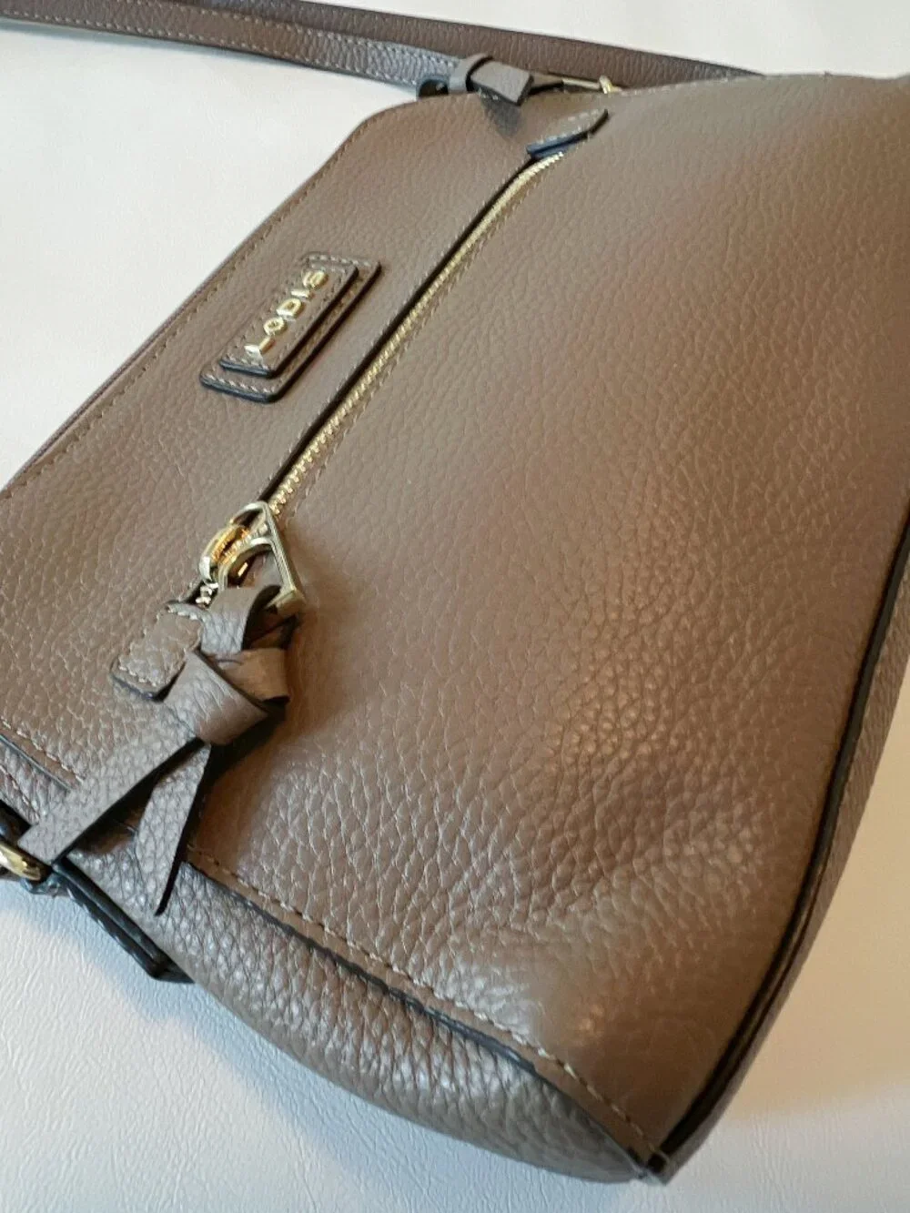 Lodis “Charlotte” Taupe Beige Pebbled Leather Crossbody Bag
